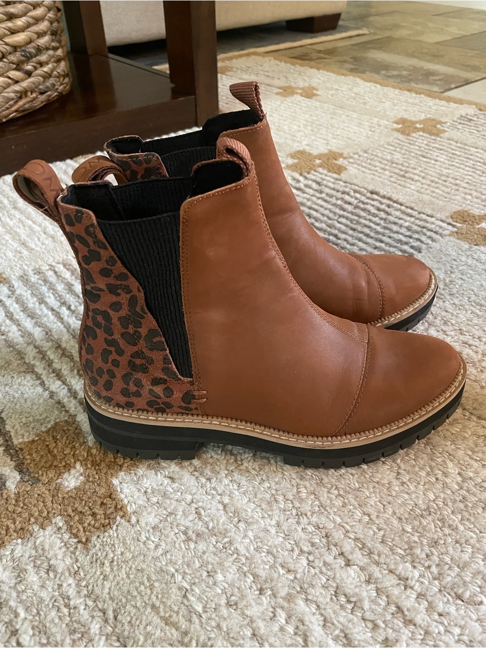 Toms Brown Leather Chelsea Boots with Leopard Heel